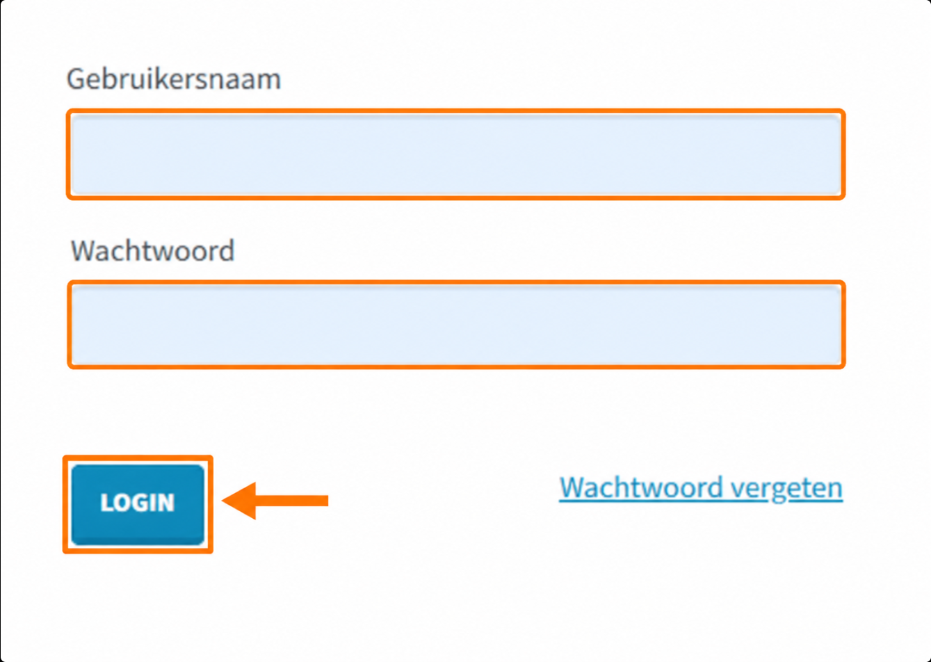 TMS-inlogscherm met gemarkeerde velden Gebruikersnaam en Wachtwoord, de LOGIN-knop en de link Wachtwoord vergeten; 