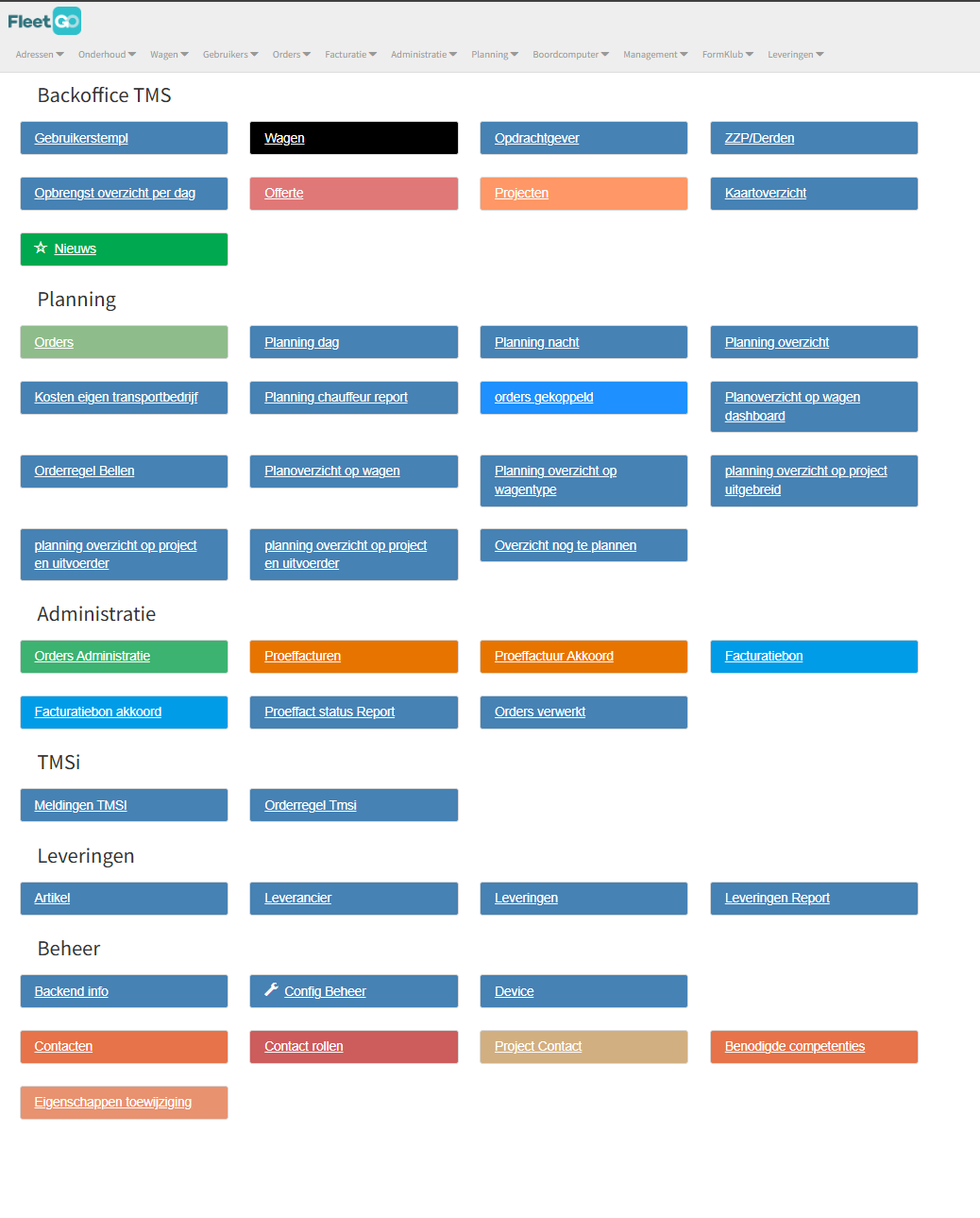 TMS-startpagina met het hoofdmenu en snelkoppelingen onder Backoffice TMS, Planning, Administratie, TMSi, Leveringen en Beheer.