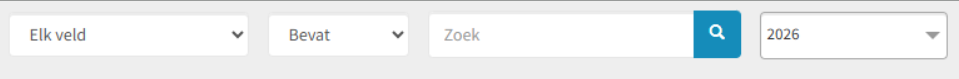 Zoekbalk van het orderoverzicht met veldkeuze, zoekvoorwaarde, zoekterm, vergrootglas en jaarselectie.