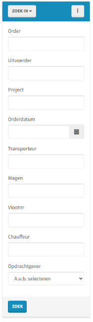 Zoekpaneel met filters voor onder meer order, project, orderdatum, wagen, chauffeur en opdrachtgever en onderaan de knop Zoek.