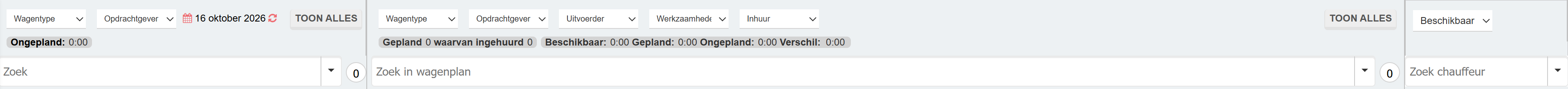Zoekvelden en filters van het planscherm voor orders links, wagenplannen in het midden en chauffeurs rechts.