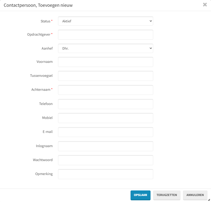 Formulier voor het toevoegen van een contactpersoon in TMS, met velden voor opdrachtgever, naam en contactgegevens en de knop Opslaan.