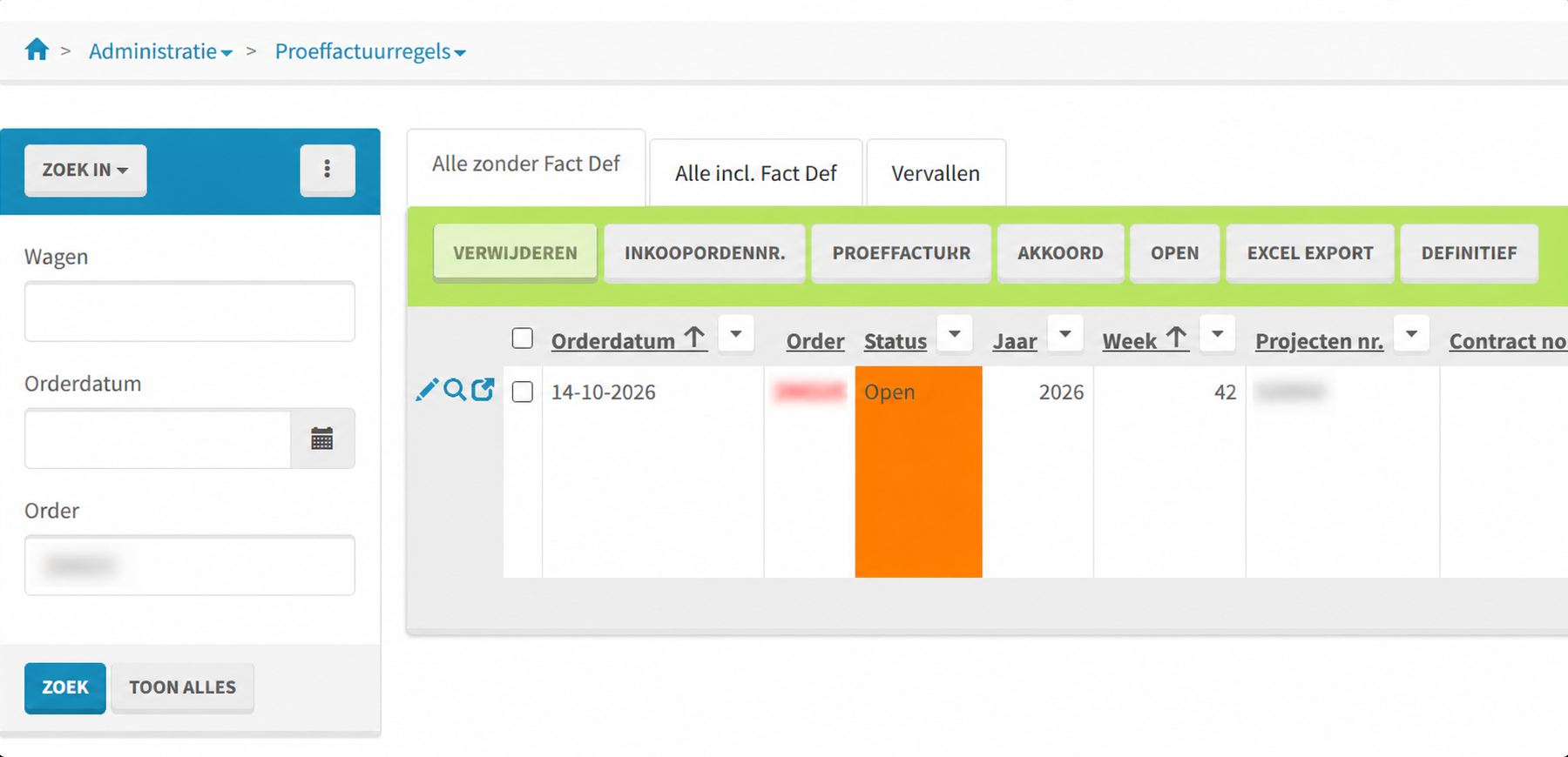 Proeffactuurregels met de knop OPEN en een order met de status Open