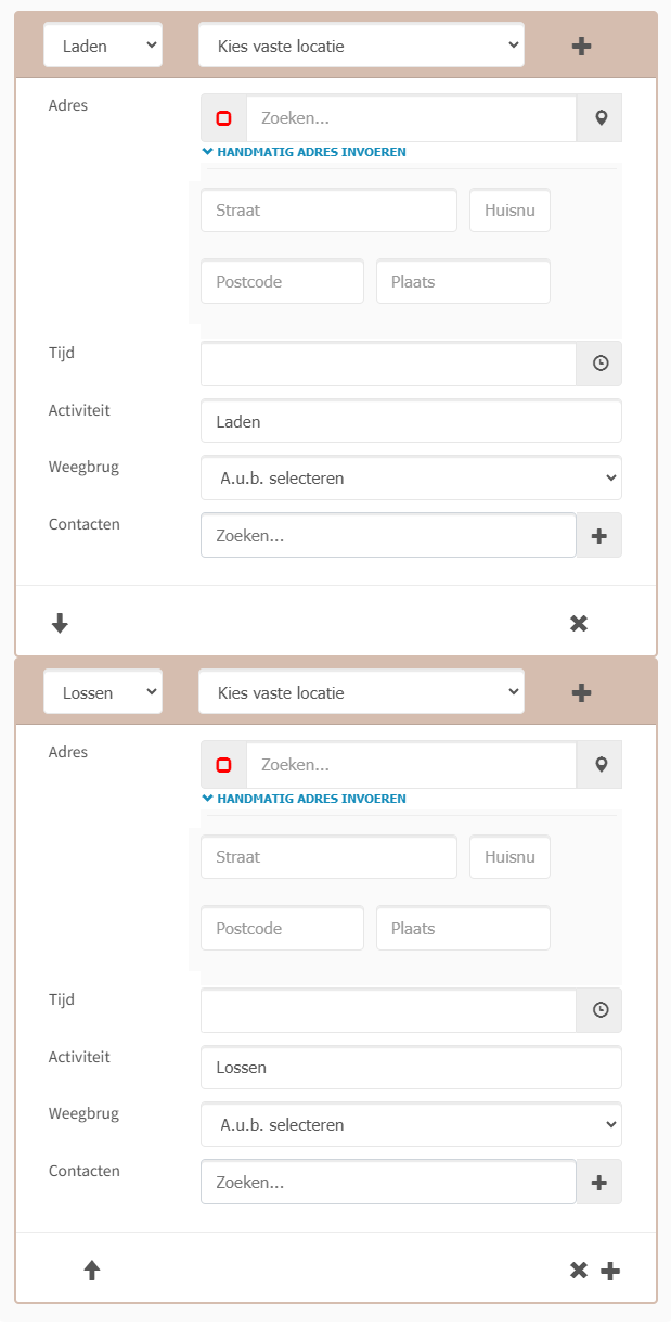 Laad- en losstop in het TMS-orderformulier met velden voor locatie, handmatige adresinvoer, tijd, activiteit, weegbrug en contacten.